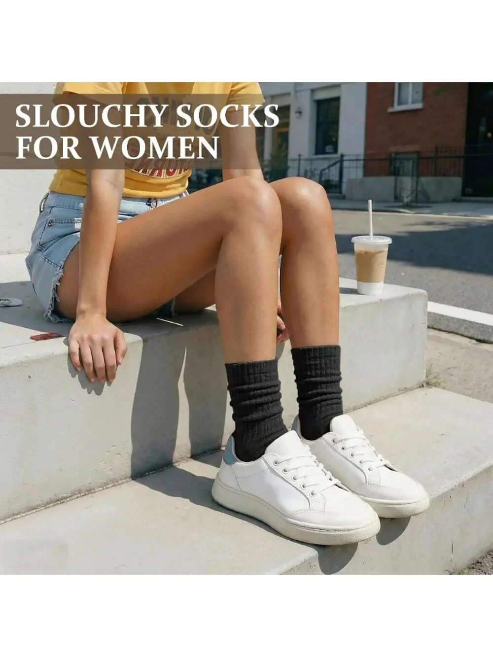 🧦Women's Brown White 5 Pair Slouchy Socks Slouch Cotton Crew Scrunch Socks